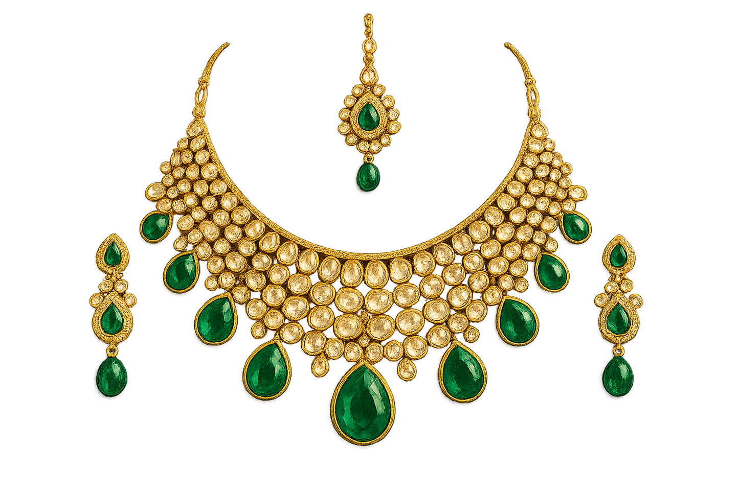 Kundan Bridal Set 26 with emerald give the image in png format no background 