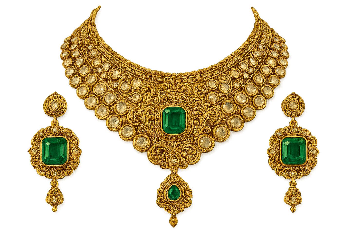 Kundan Bridal Set 42 with emerald give the image in png format no background 