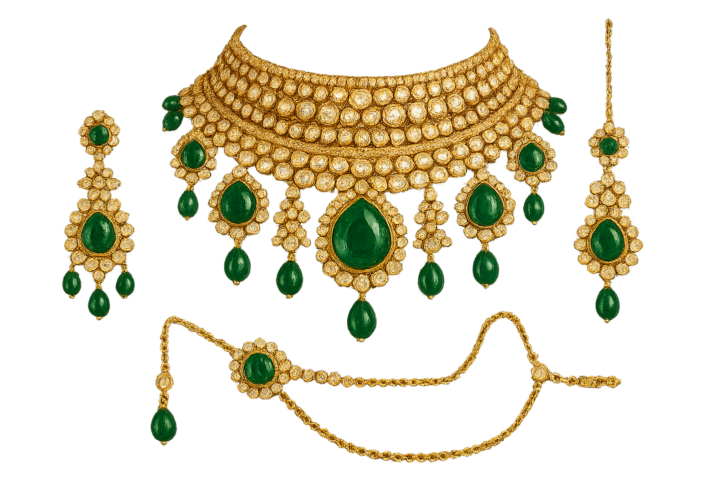 Kundan Bridal Set 49 with emerald give the image in png format no background  