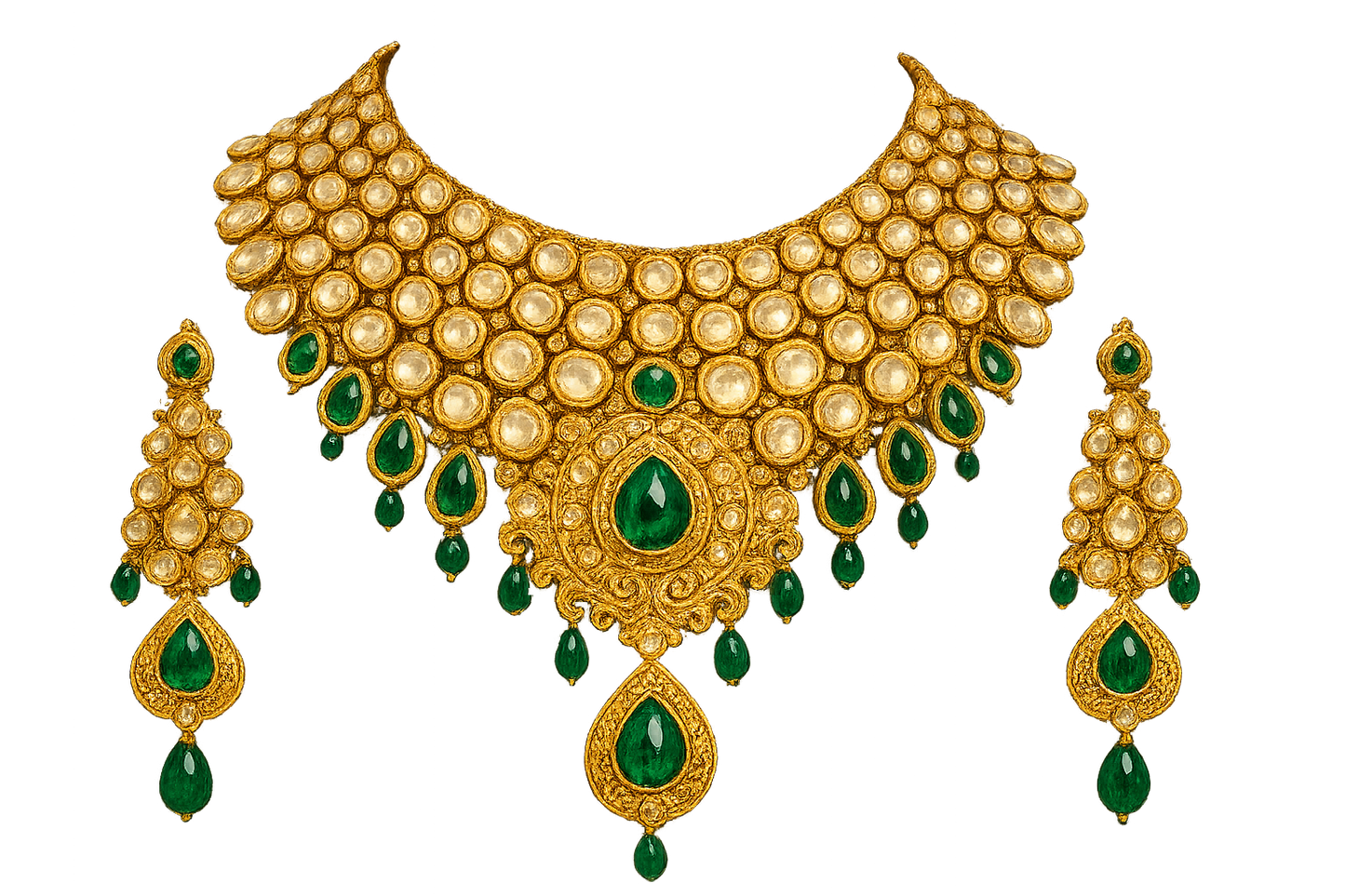 Kundan Bridal Set 53 with emerald give the image in png format no background 
