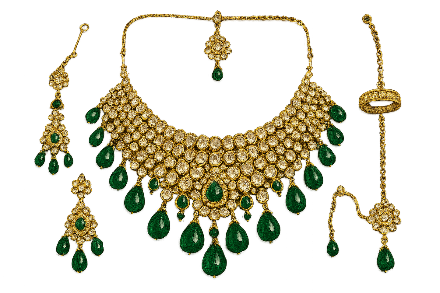 Kundan Bridal Set 67 with emerald  give the image in png format no background 