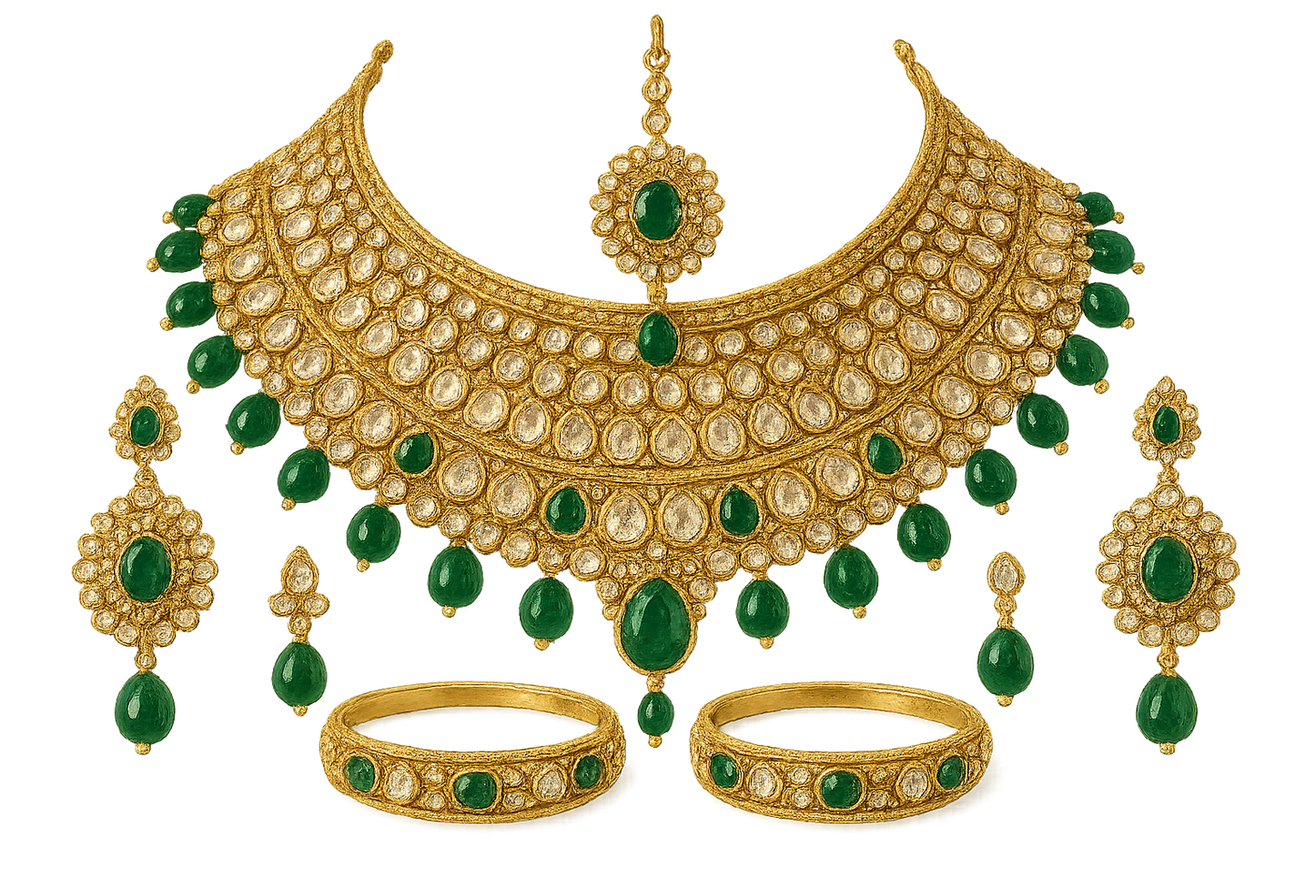 Kundan Bridal Set 67 with emerald  give the image in png format no background 