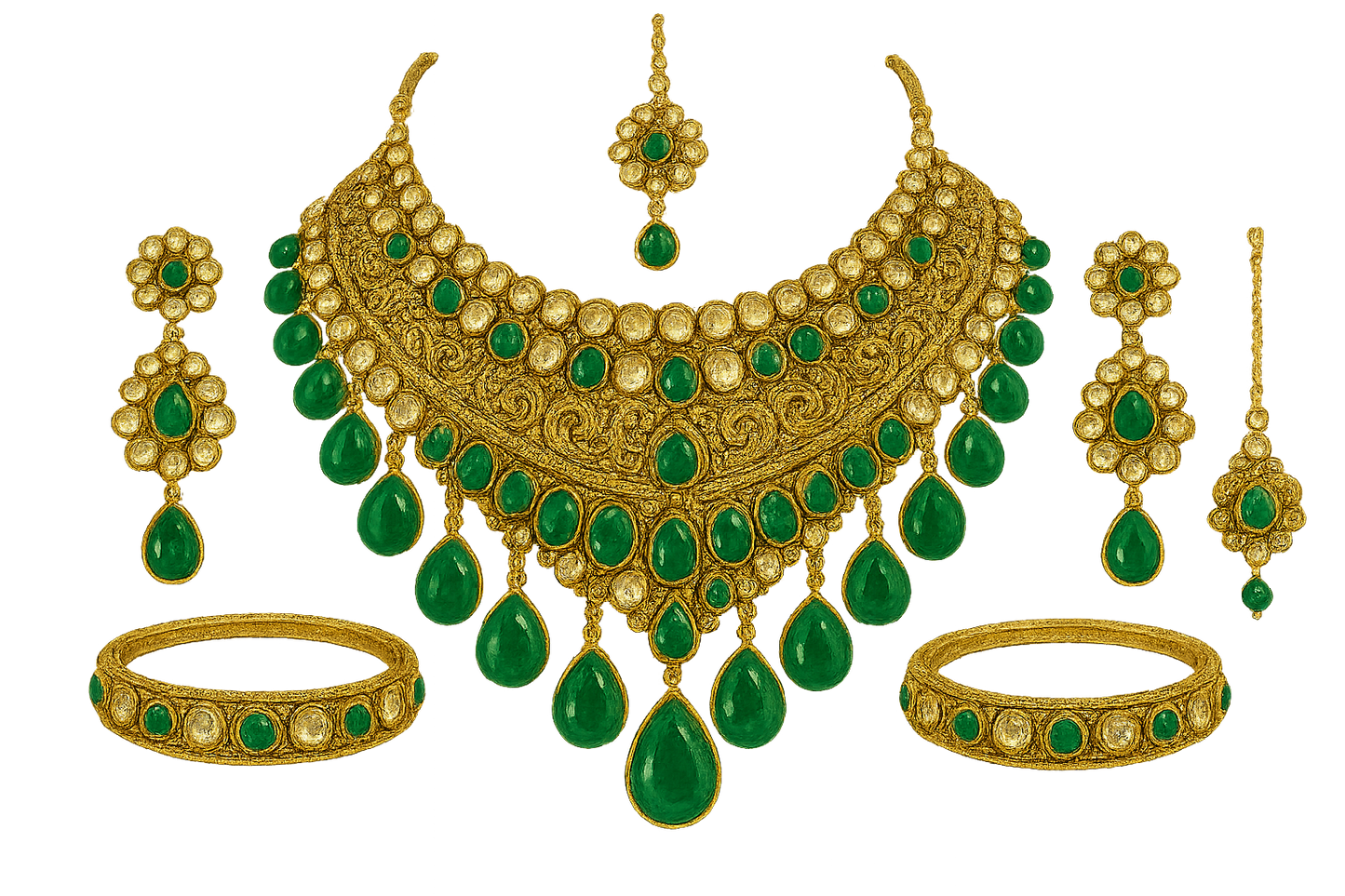 Kundan Bridal Set 72 with emerald give the image in png format no background