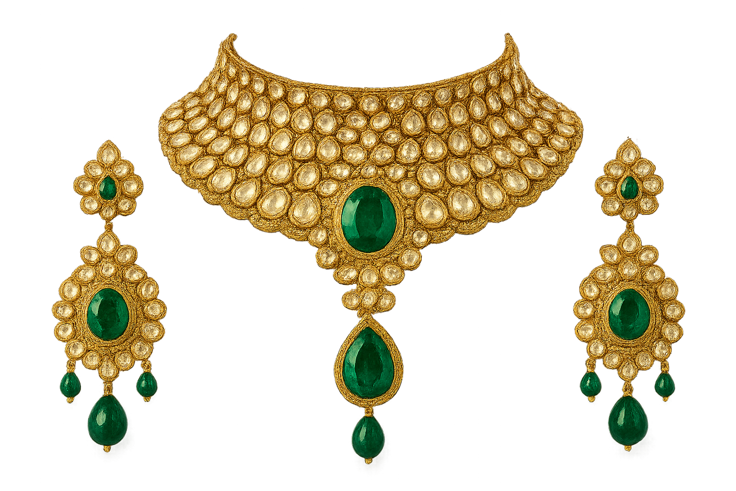 Kundan Bridal Set 84 with emerald give the image in png  format no background 