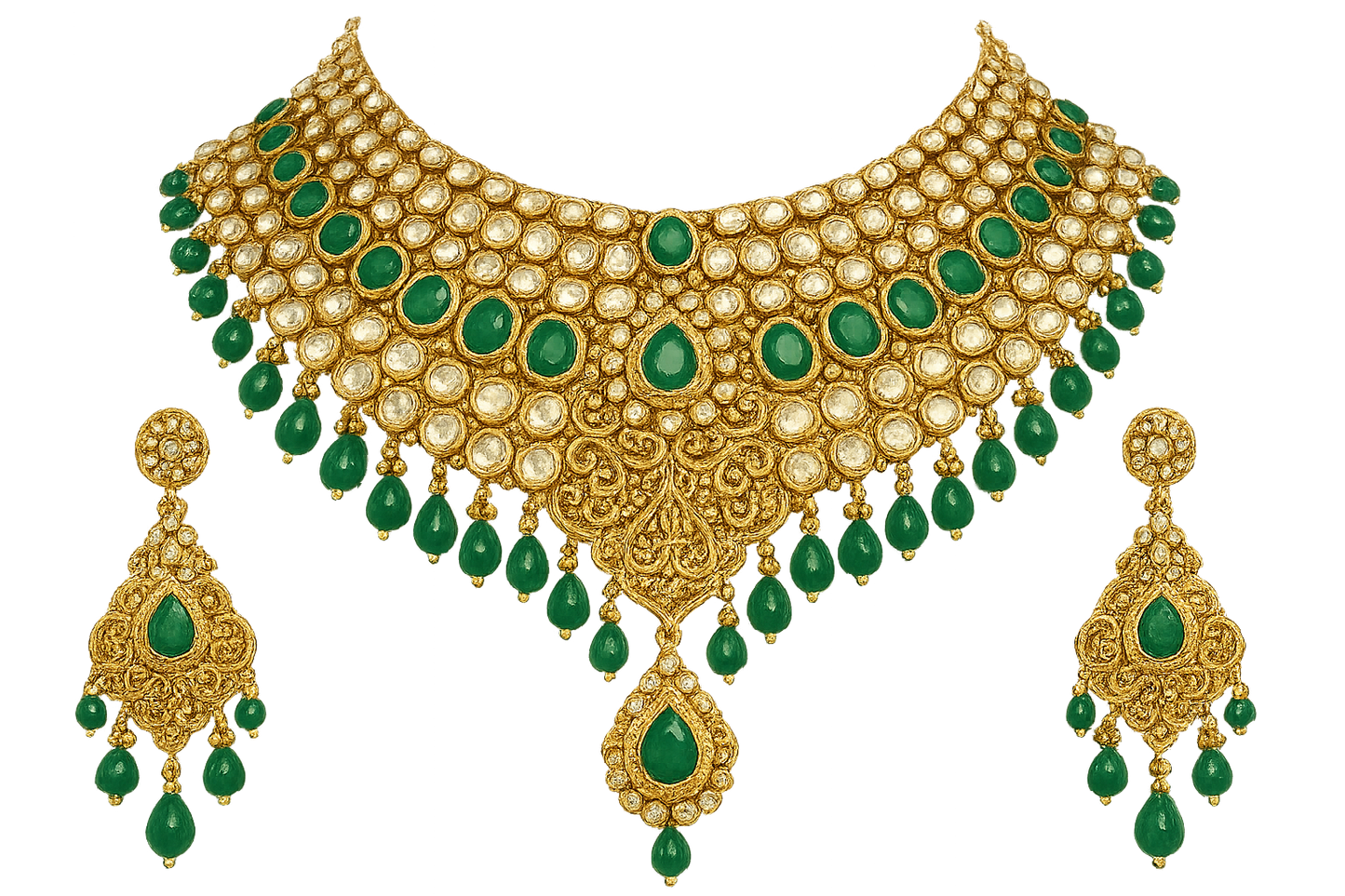 Kundan Bridal Set 84 with emerald give the image in png  format no background 