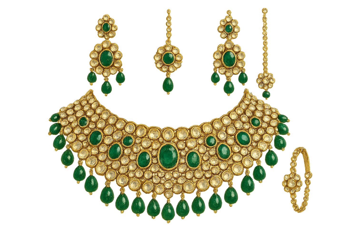 Kundan Bridal Set 85 with emerald give the image in png  format no background 