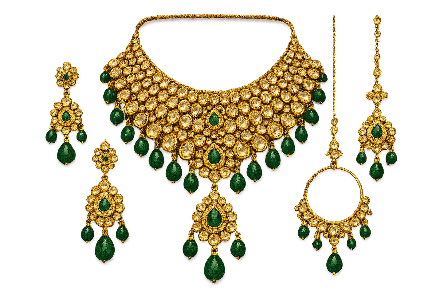 Kundan Bridal Set 85 with emerald give the image in png  format no background 