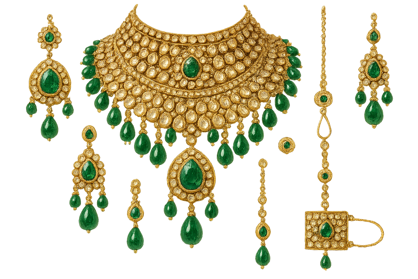 Kundan Bridal Set 95 with emerald give the image in png format no background