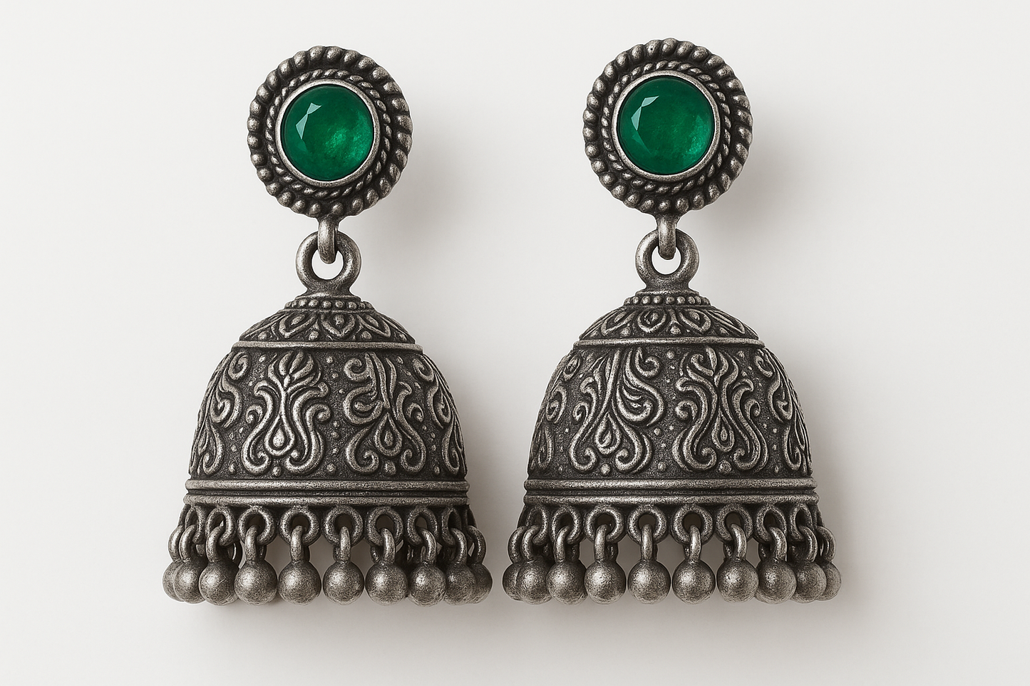 Oxidized Silver Jhumkas 15 with emerald give the image in png format no background