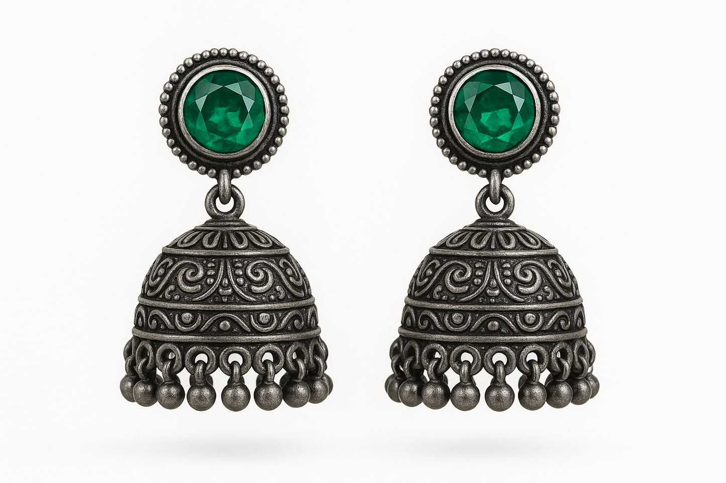 Oxidized Silver Jhumkas 15 with emerald give the image in png format no background 