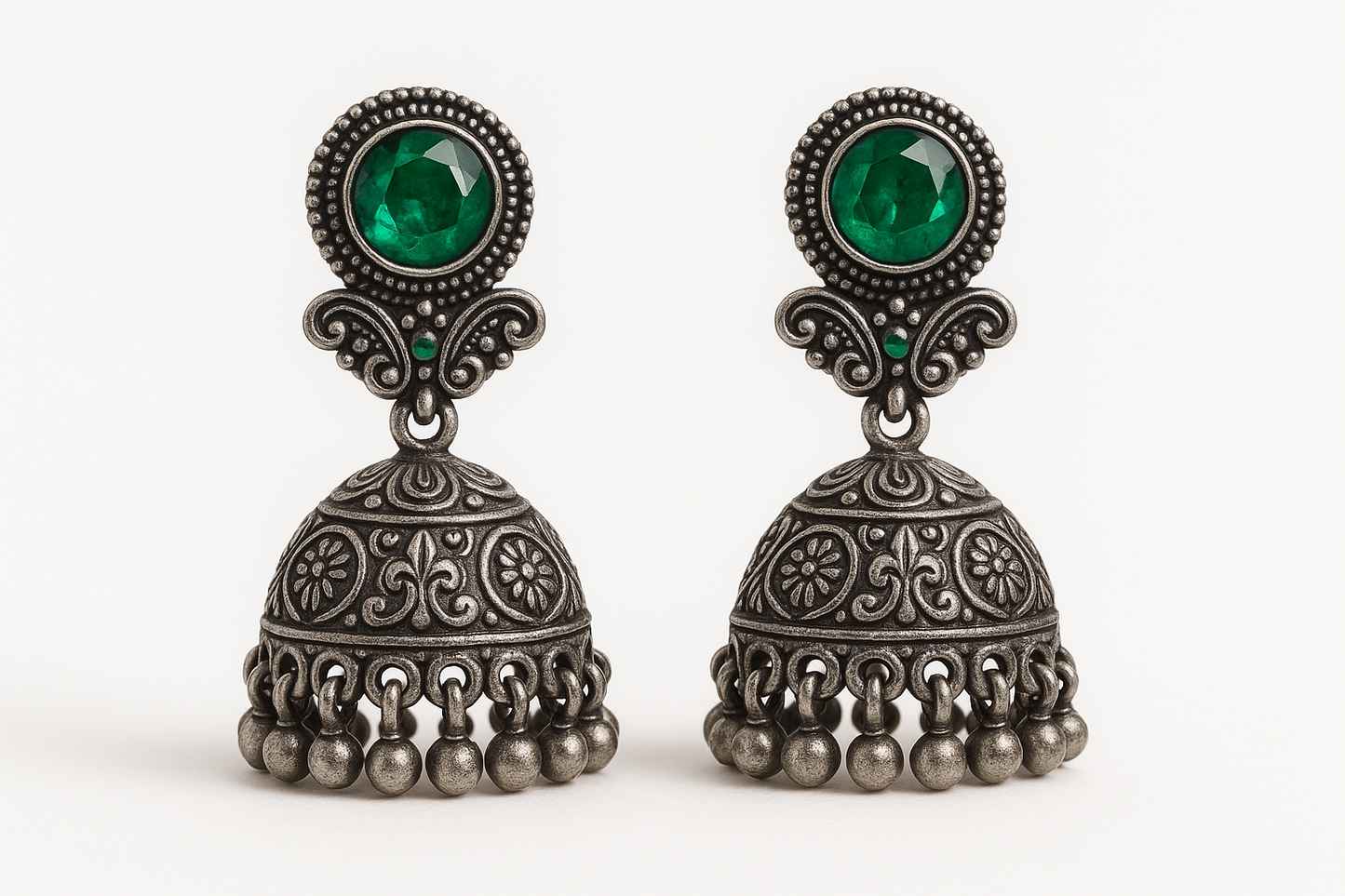 Oxidized Silver Jhumkas 15 with emerald give the image in png format no background 