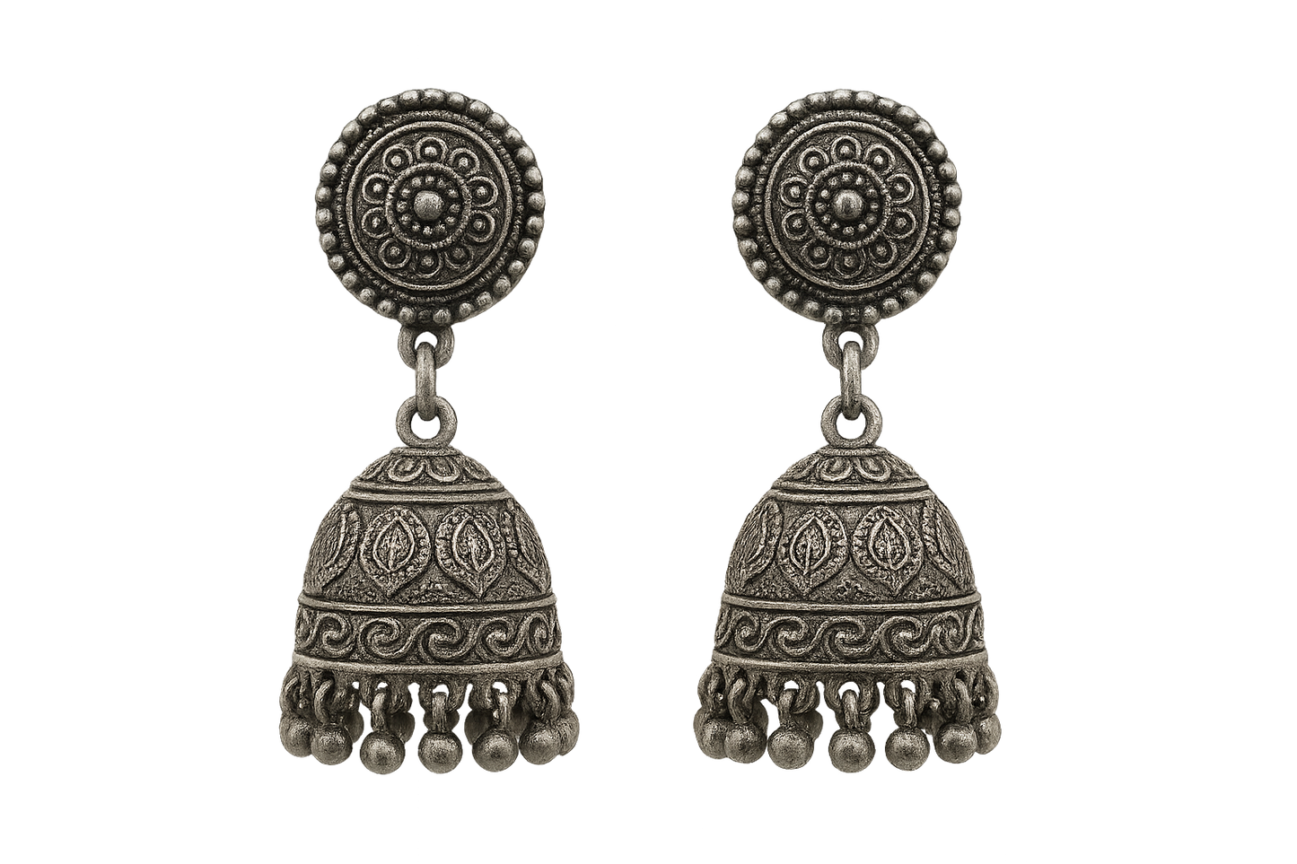 Oxidized Silver Jhumkas 15 with none give the image in png format no background 