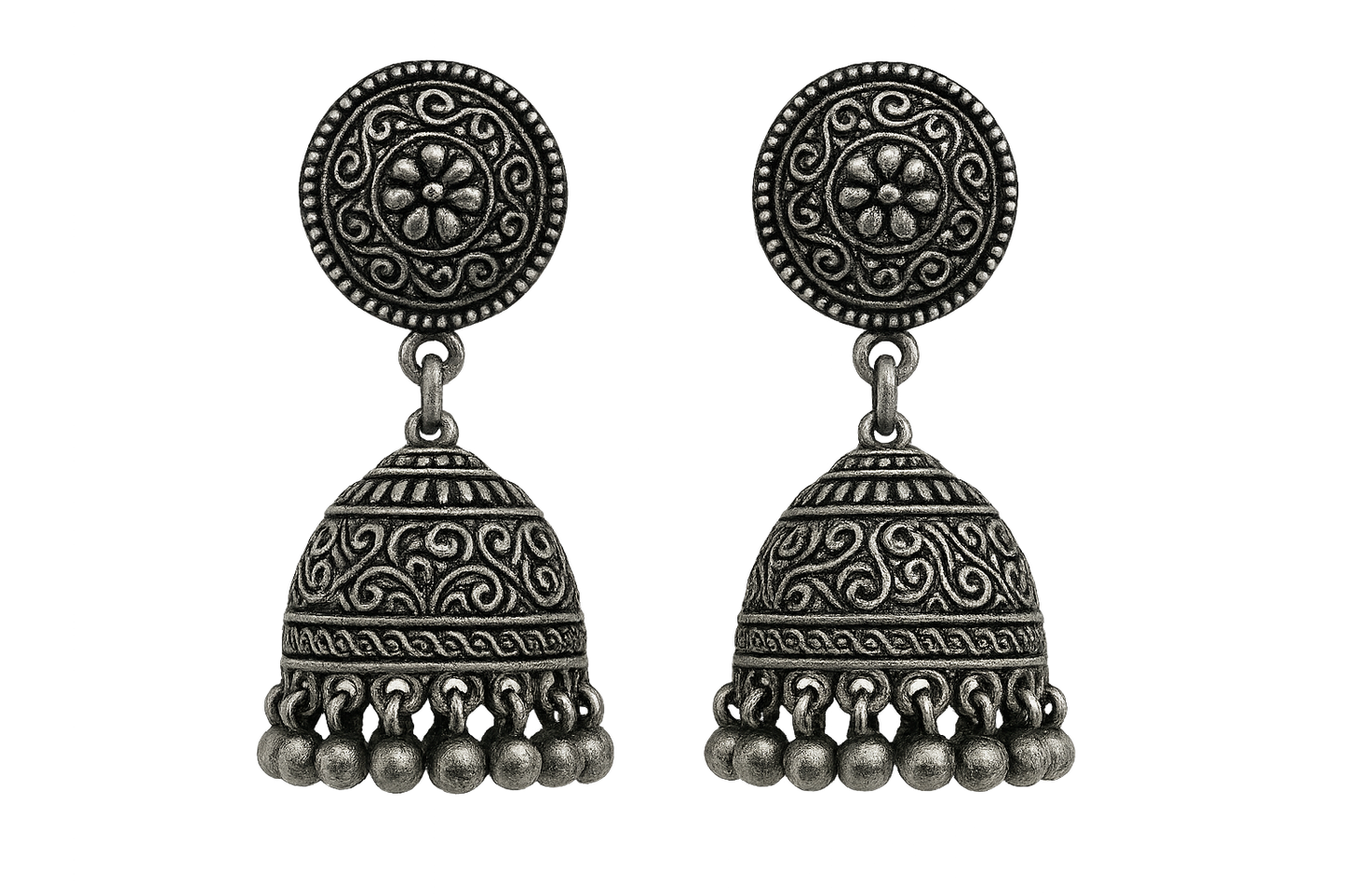 Oxidized Silver Jhumkas 15 with none give the image in png format no background 