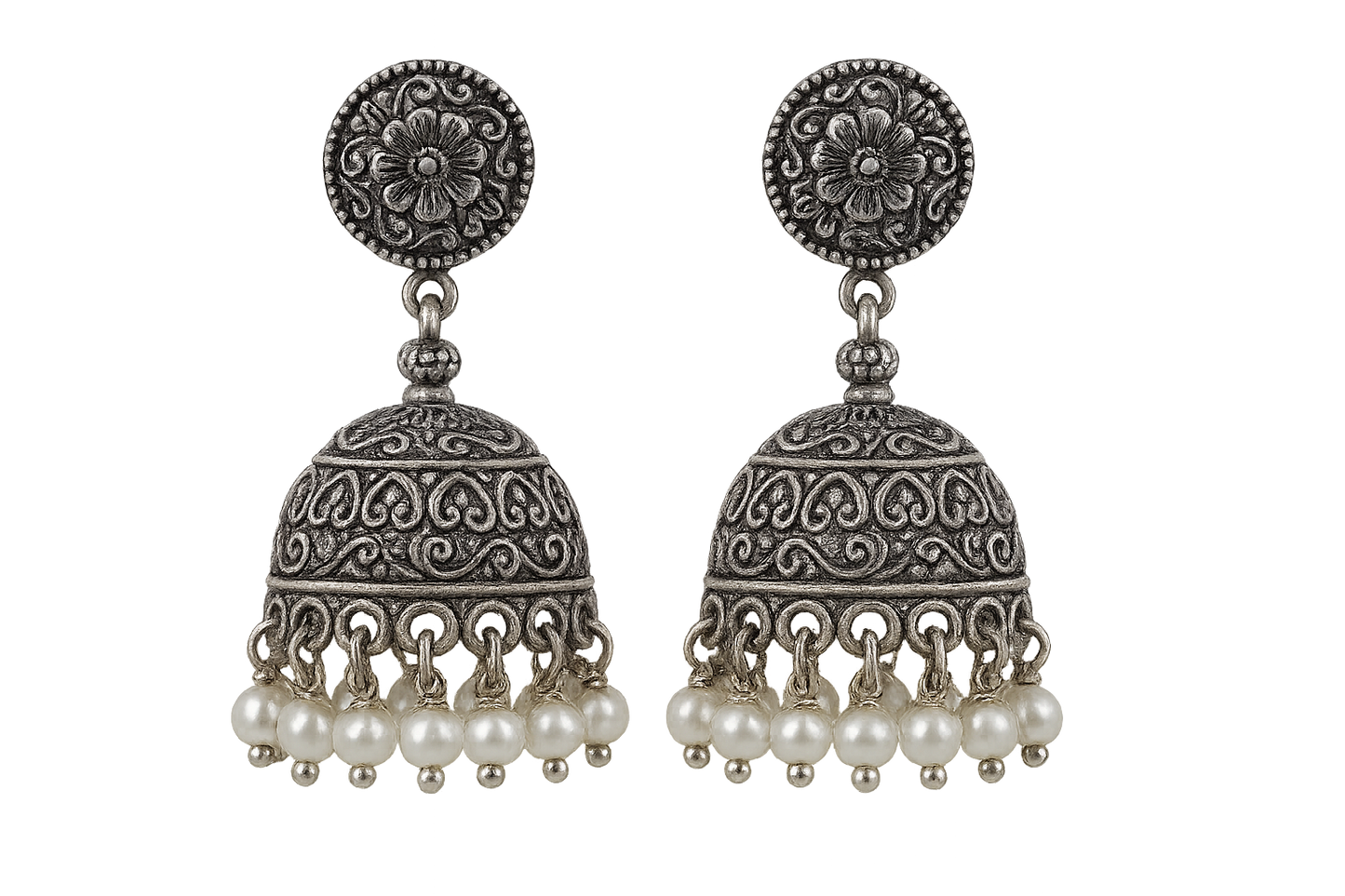 Oxidized Silver Jhumkas 15 with pearl give the image in png format no background