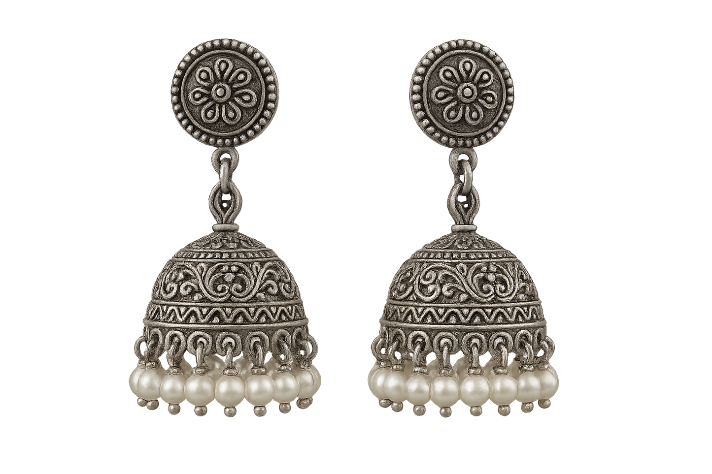 Oxidized Silver Jhumkas 15 with pearl give the image in png format no background 