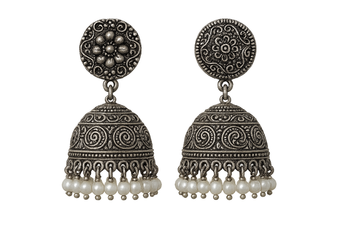 Oxidized Silver Jhumkas 15 with pearl give the image in png format no background 