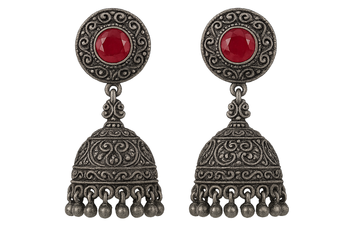 Oxidized Silver Jhumkas 15 with ruby give the image in png format no background 