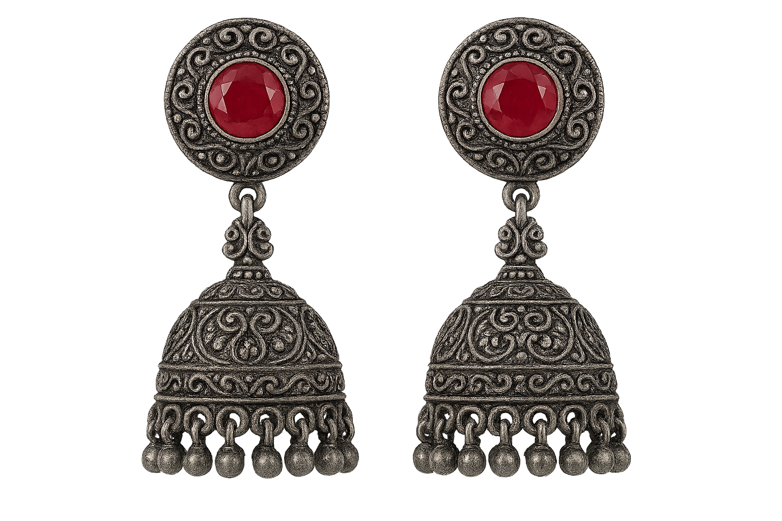 Oxidized Silver Jhumkas 15 with ruby give the image in png format no background 