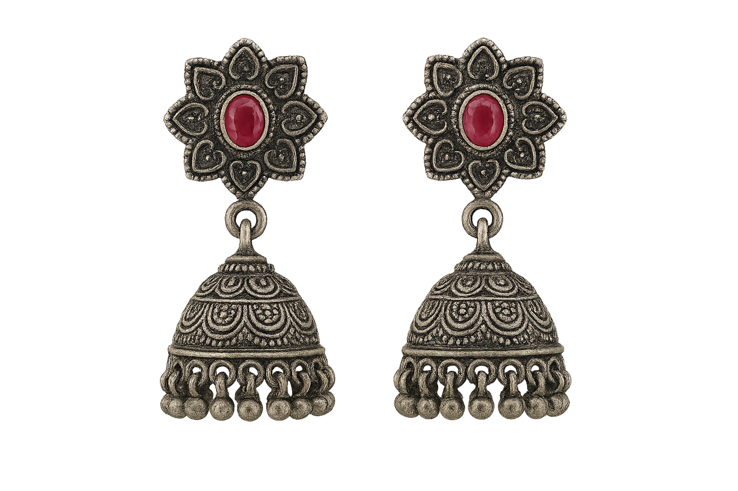 Oxidized Silver Jhumkas 15 with ruby give the image in png format no background 