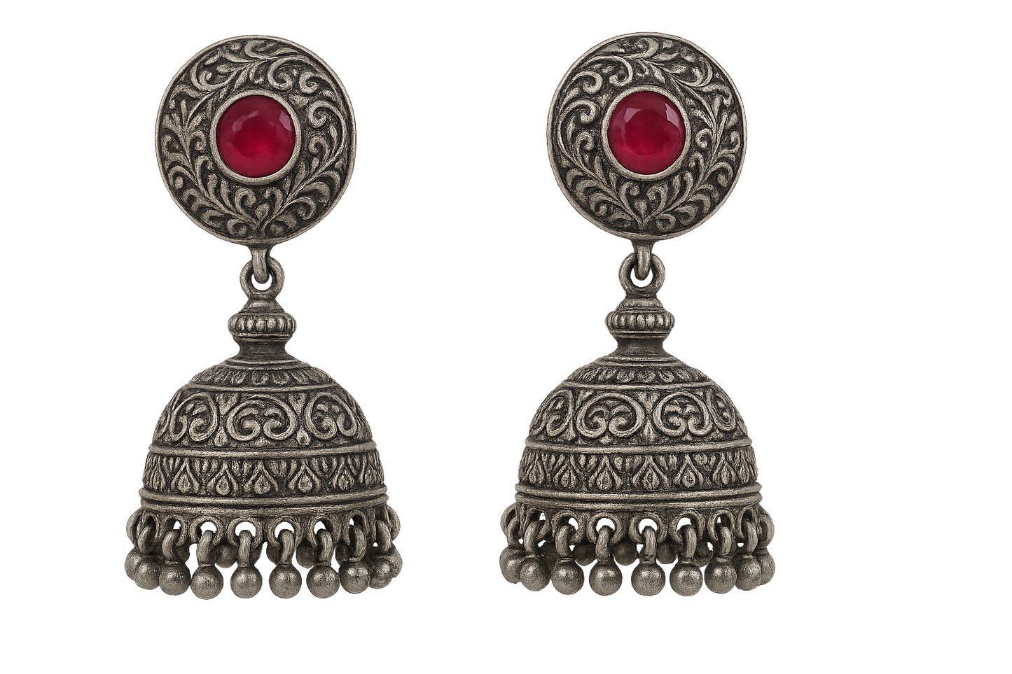 Oxidized Silver Jhumkas 15 with ruby give the image in png format no background