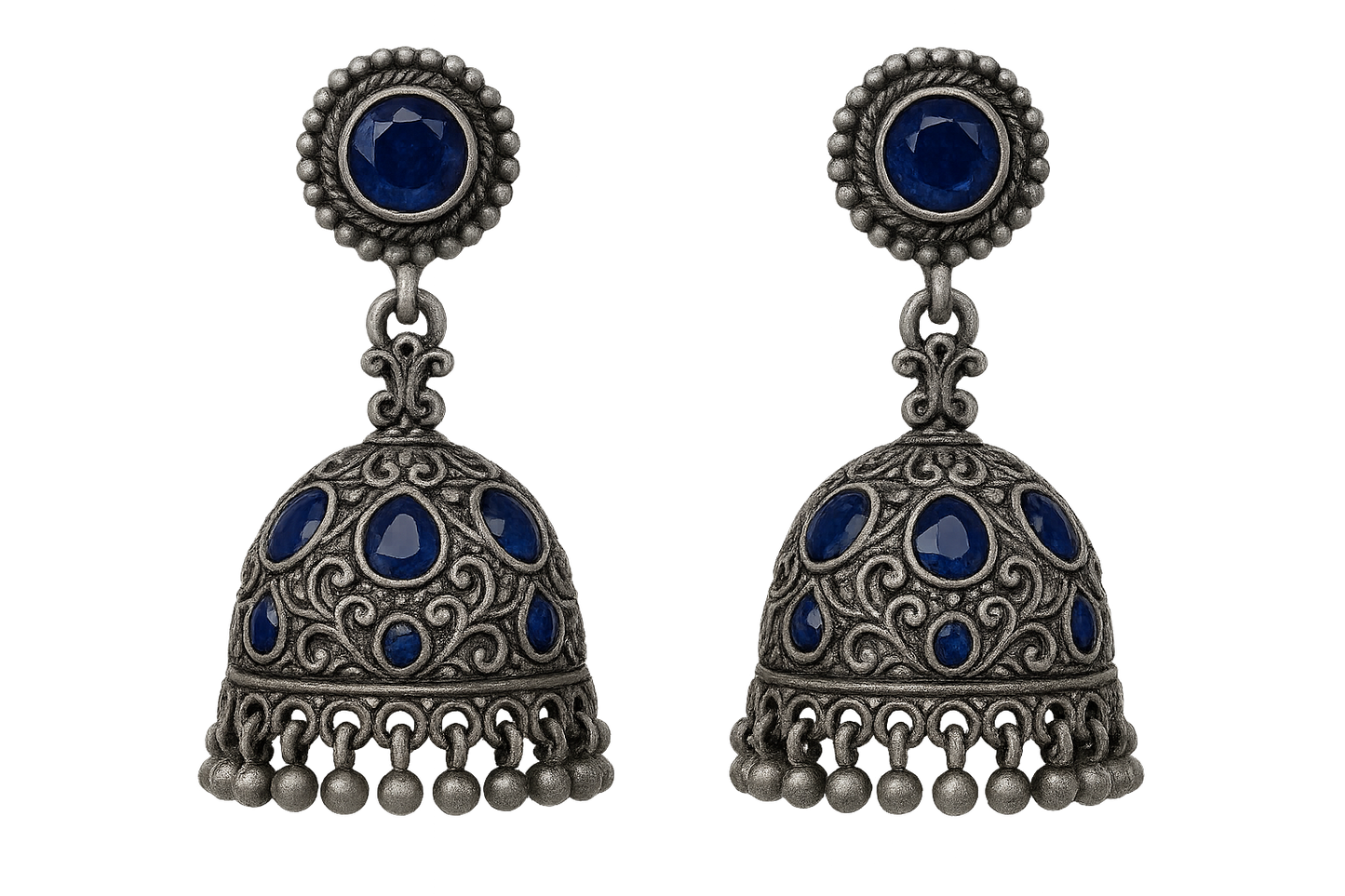 Oxidized Silver Jhumkas 15 with sapphire give the image in png format no background 