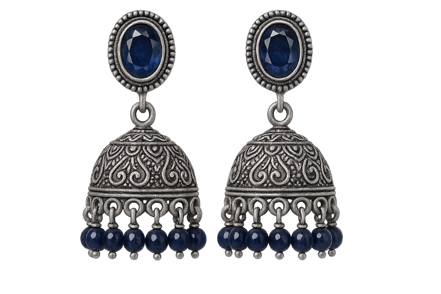 Oxidized Silver Jhumkas 15 with sapphire give the image in png format no background