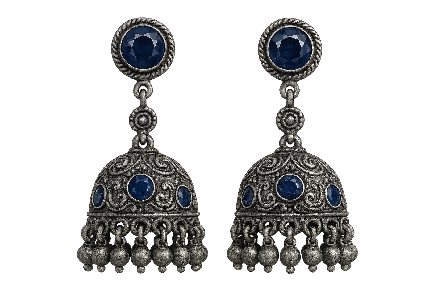 Oxidized Silver Jhumkas 15 with sapphire give the image in png format no background 