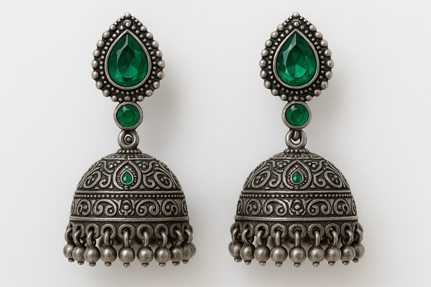 Oxidized Silver Jhumkas 22 with emerald give the image png format no background