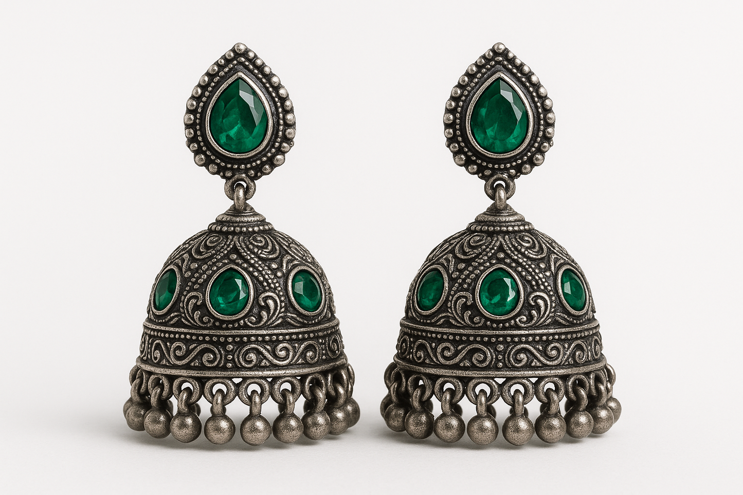 Oxidized Silver Jhumkas 22 with emerald give the image png format no background 