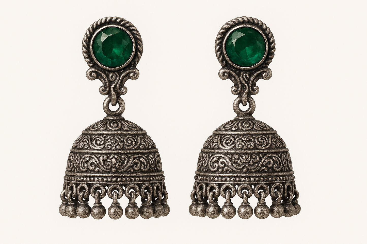 Oxidized Silver Jhumkas 22 with emerald give the image png format no background 