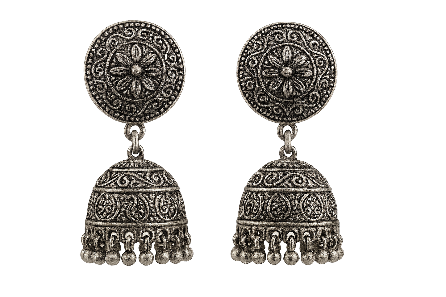 Oxidized Silver Jhumkas 22 with none give the image png format no background 