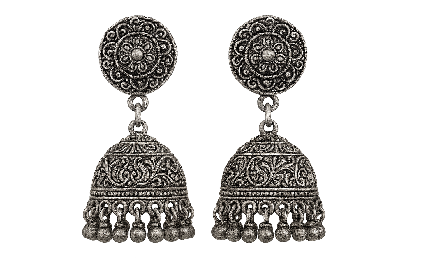 Oxidized Silver Jhumkas 22 with none give the image png format no background