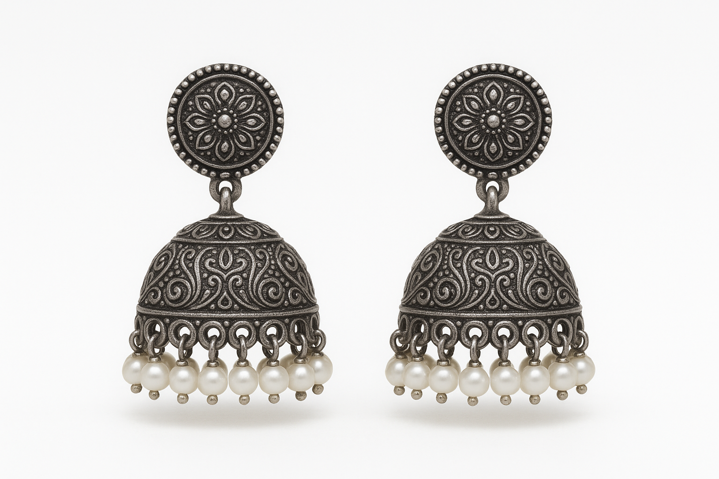 Oxidized Silver Jhumkas 22 with pearl give the image png format no background 