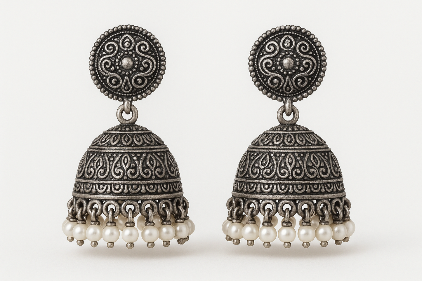 Oxidized Silver Jhumkas 22 with pearl give the image png format no background 