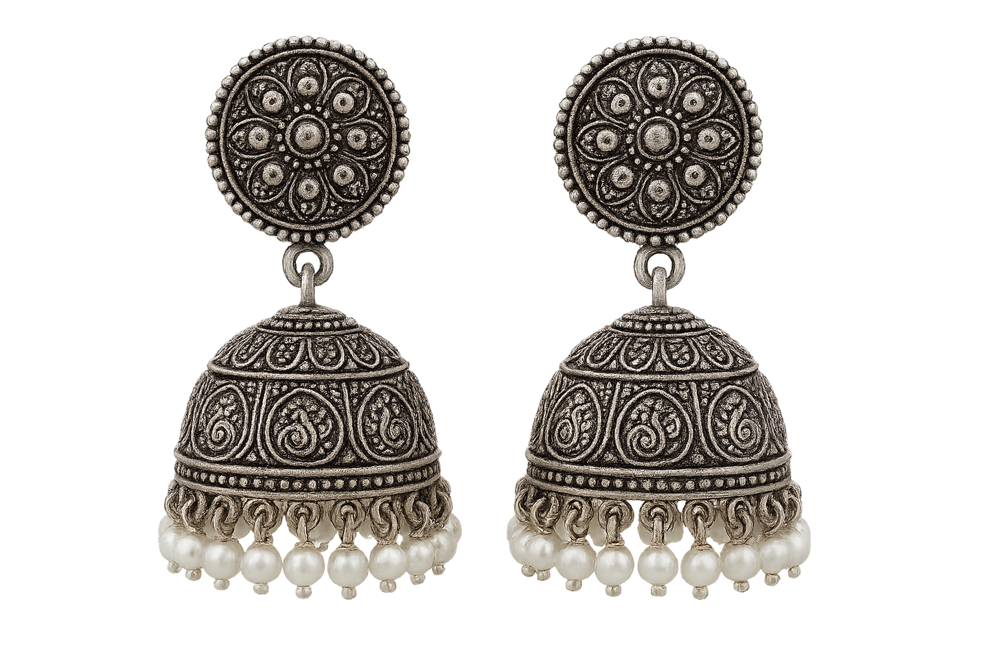 Oxidized Silver Jhumkas 22 with pearl give the image png format no background