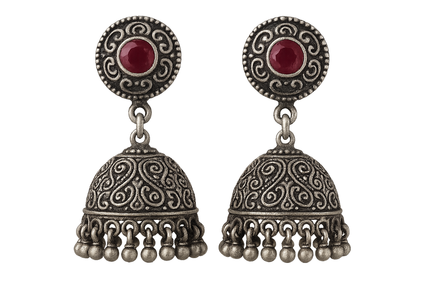 Oxidized Silver Jhumkas 22 with ruby give the image png format no background 