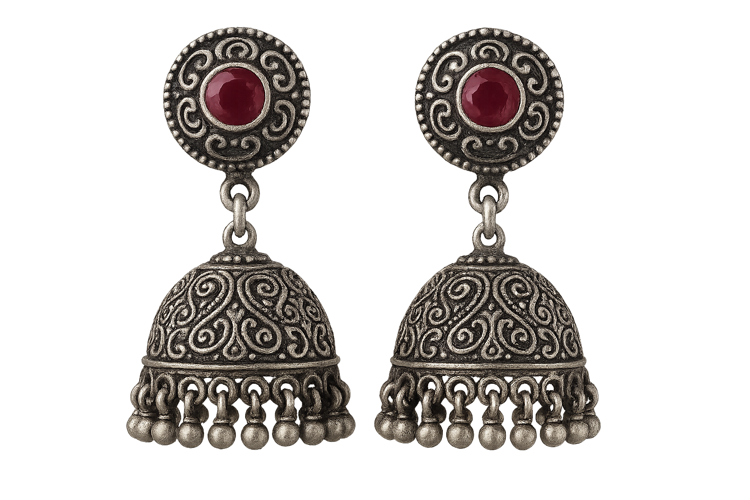Oxidized Silver Jhumkas 22 with ruby give the image png format no background 