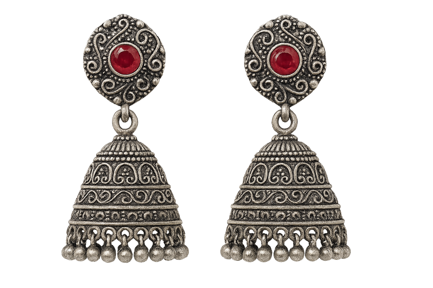 Oxidized Silver Jhumkas 22 with ruby give the image png format no background