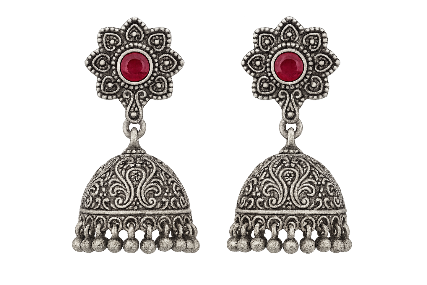 Oxidized Silver Jhumkas 22 with ruby give the image png format no background 