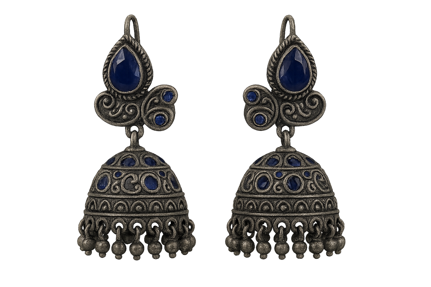 Oxidized Silver Jhumkas 22 with sapphire give the image png format no background 