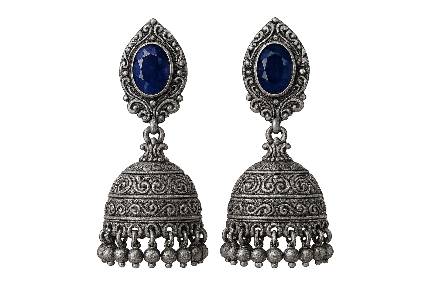 Oxidized Silver Jhumkas 22 with sapphire give the image png format no background