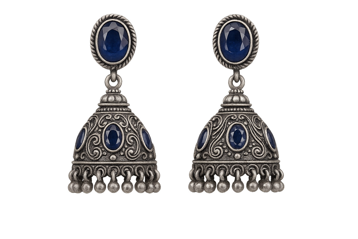 Oxidized Silver Jhumkas 22 with sapphire give the image png format no background 