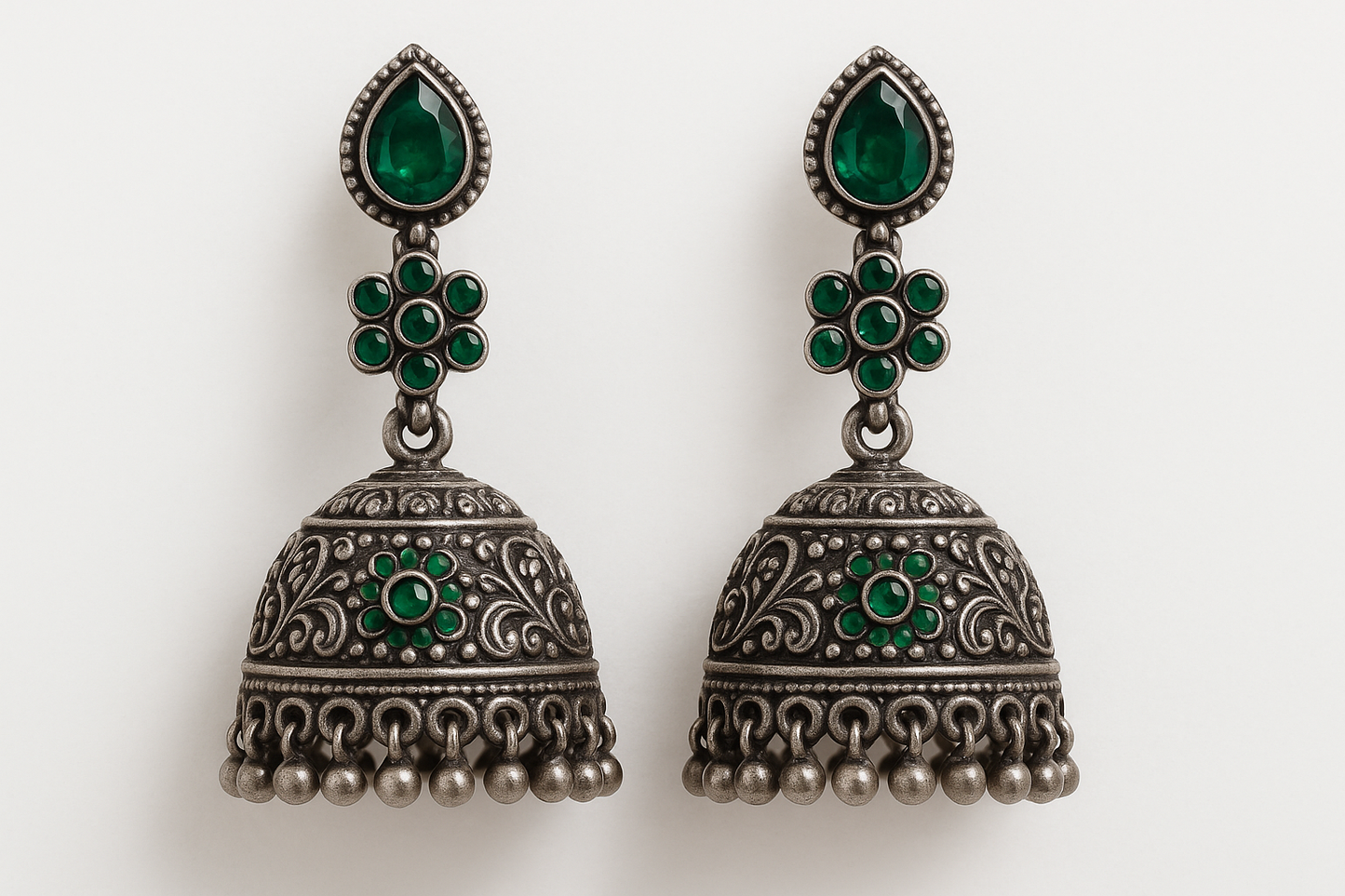 Oxidized Silver Jhumkas 27 with emerald give the image in png format no background
