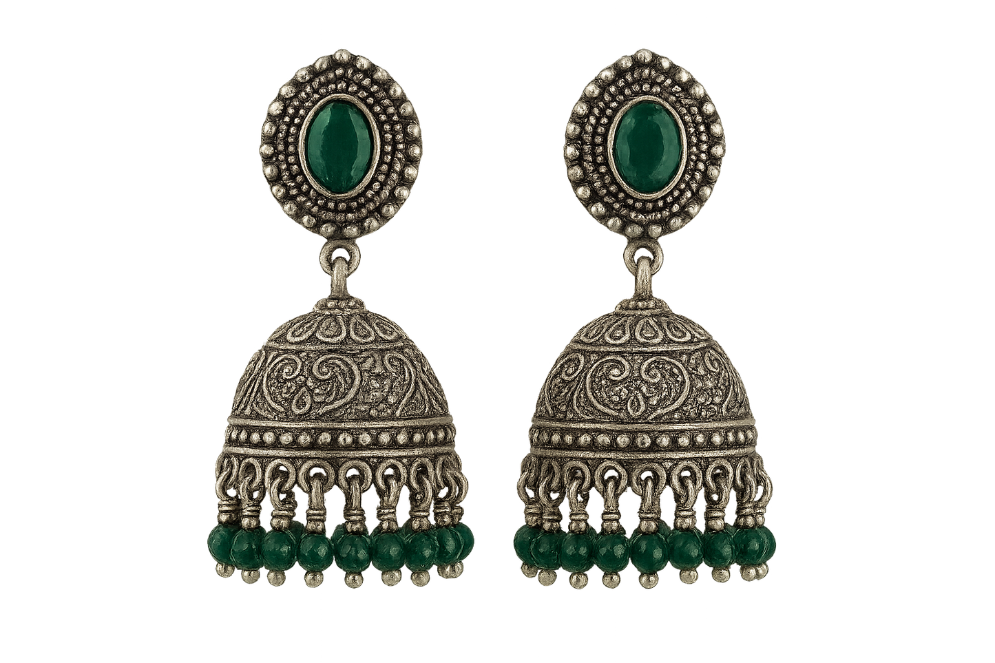 Oxidized Silver Jhumkas 27 with emerald give the image in png format no background 
