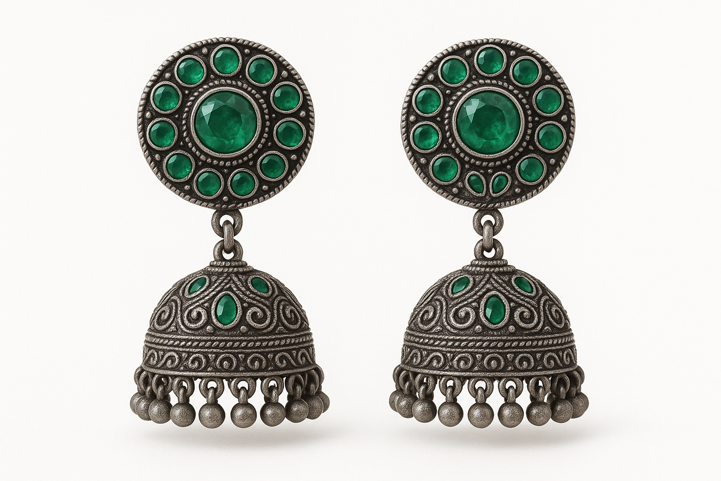 Oxidized Silver Jhumkas 27 with emerald give the image in png format no background 