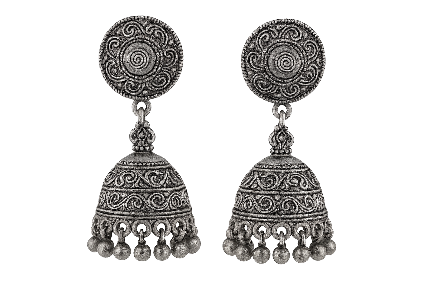 Oxidized Silver Jhumkas 27 with none give the image in png format no background 