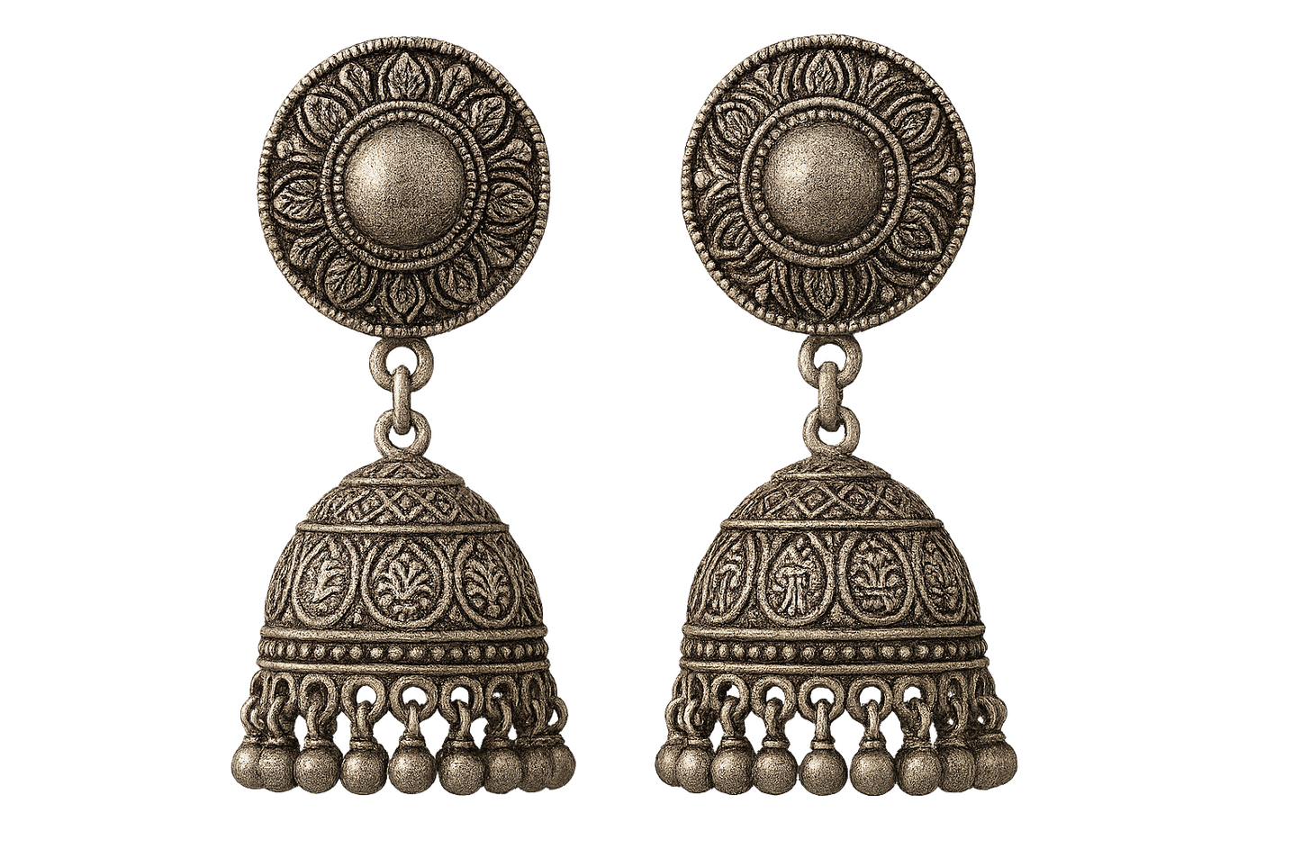 Oxidized Silver Jhumkas 27 with none give the image in png format no background 