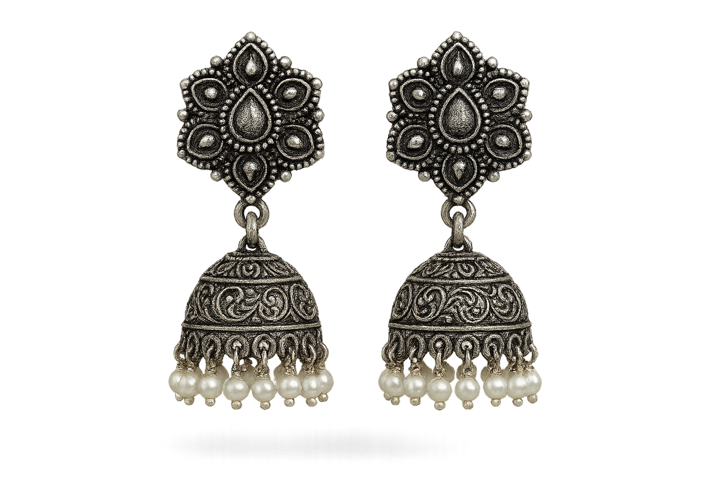 Oxidized Silver Jhumkas 27 with pearl give the image in png format no background