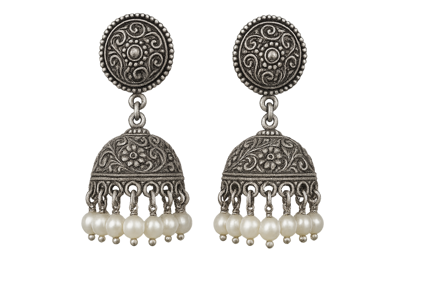 Oxidized Silver Jhumkas 27 with pearl give the image in png format no background 
