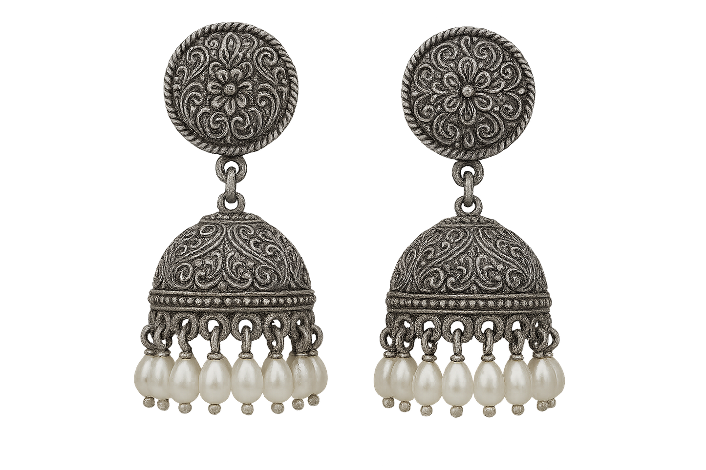 Oxidized Silver Jhumkas 27 with pearl give the image in png format no background 